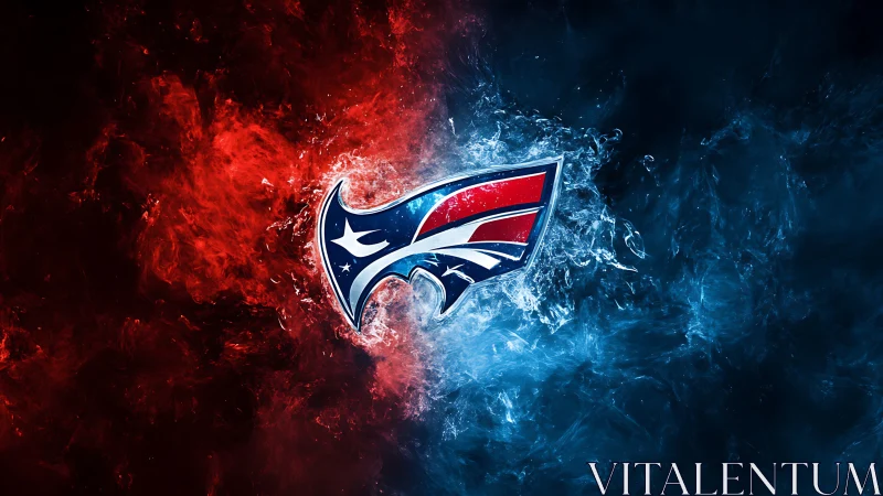 Red and blue abstract emblem with opposing color fields.