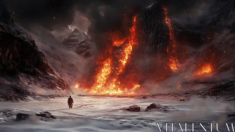 Solitary Wanderer Faces Apocalyptic Inferno of Molten Skies.