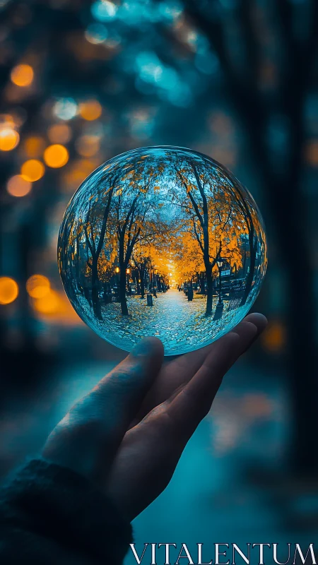Hand holds glass sphere reflecting autumn city alley