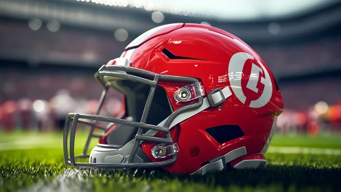 Red football helmet on grass field in stadium setting.