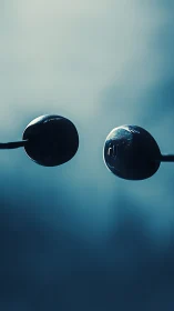 Minimalist close-up of dark earbuds in cool blue light.