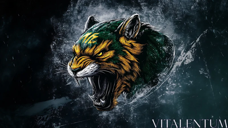 Roaring jungle cat spirit bursting from the stormy dark.