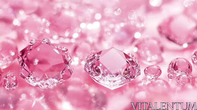 Macro pink gemstones in shallow-focus reflective composition.