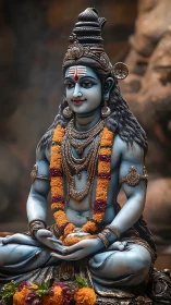 Seated blue Hindu deity statue with garlands and jewelry.