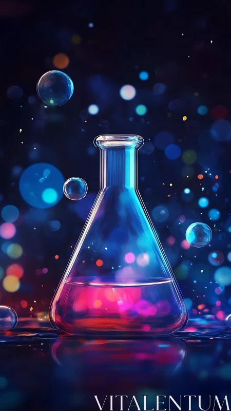 Iridescent laboratory flask glows amid vibrant bokeh particles