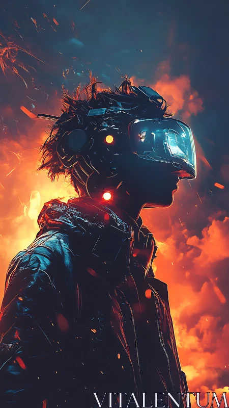 Cybernetic profile with VR visor amid incendiary nebula glow