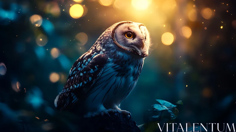 Mystical Owl in Enchanted Forest With Glowing Bokeh Lights.