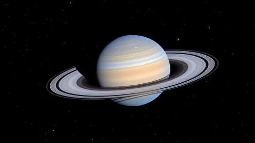 Ringed gas giant Saturn against star field in space.