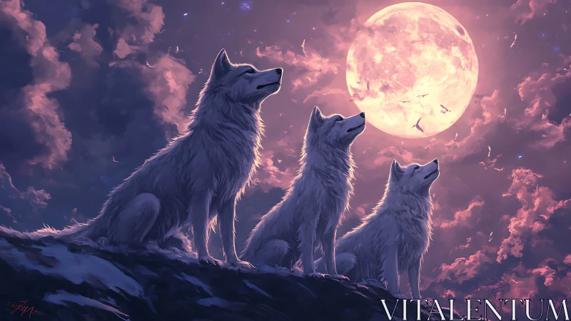 Lunar-lit wolf trio in atmospheric violet nightscape composition.