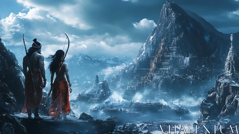 Warriors overlooking icy citadel in misty blue mountains.