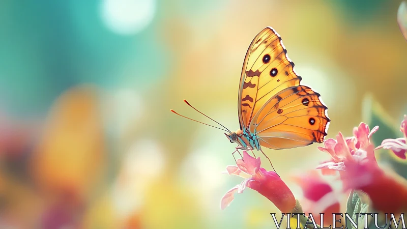 Sunlit orange butterfly poised on dreamy pastel blooms.