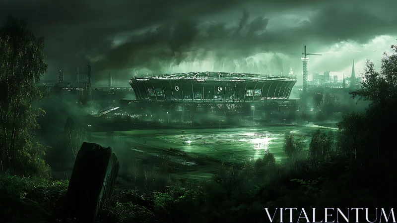 Futuristic urban stadium in misty industrial landscape at dusk.