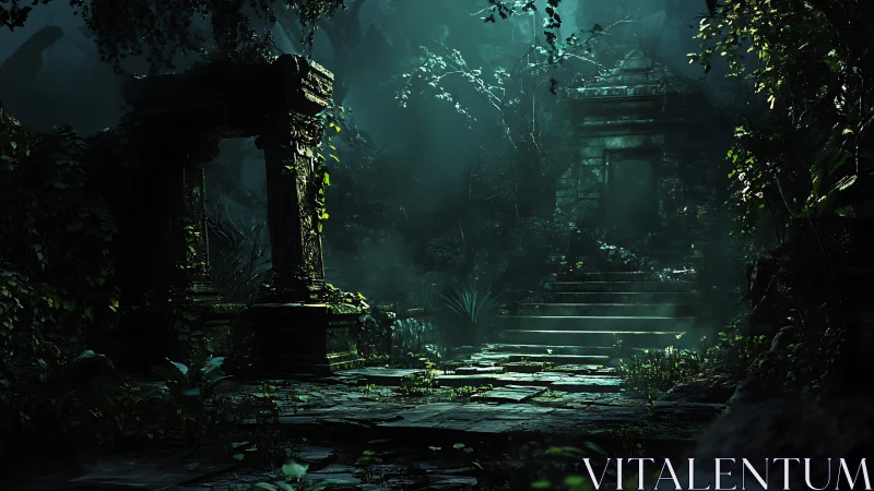 Jungle temple ruins sit in dim green light beneath foliage