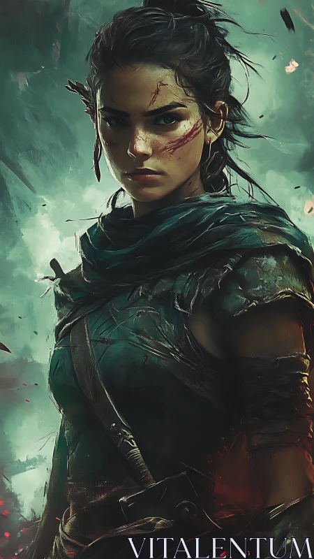 Scarred elven ranger stands in stormlit emerald haze.