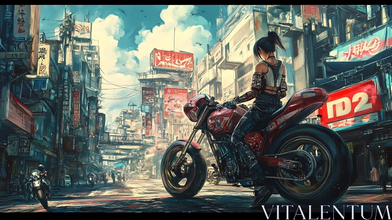 Street rider on red motorcycle in dense neon cityscape.