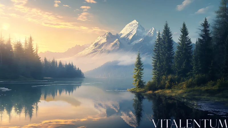 Snowy mountain over calm forest lake at sunrise light.