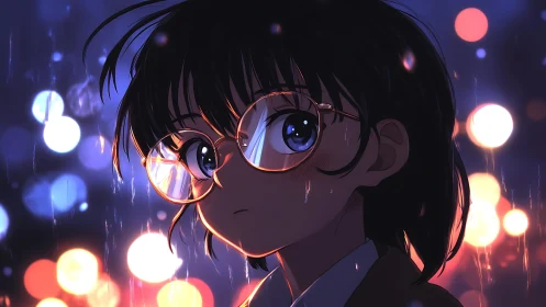 Girl with glasses gazes through rain against bokeh city lights