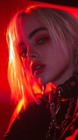 Neon backlit portrait emphasizes glossy skin, metal chains, and shallow depth