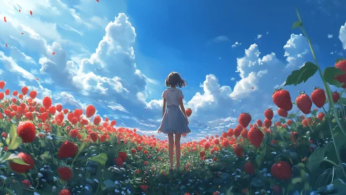 Girl standing in extensive strawberry field under sky.