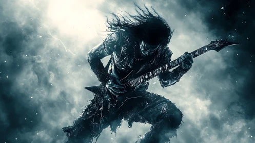 Storm-forged metal guitarist shreds in swirling cosmic haze.