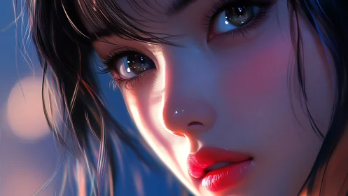 Soft neon gaze under city lights, caught in quiet wonder.