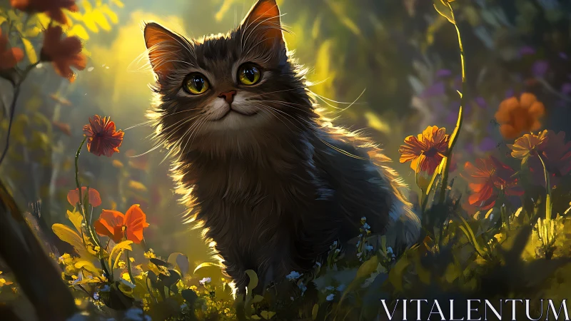Luminous Guardian: Black Cat Meditating Among Sunlit Wildflowers