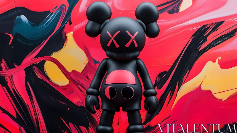 Black vinyl character figure stands before abstract red art