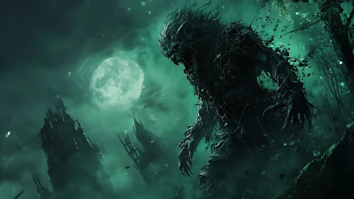 Monstrous lunar wraith stalking ruins in teal storm fog.