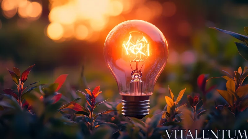 Glowing light bulb illuminates lush garden at warm sunset.