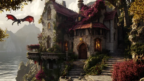 Clifftop stone manor with dragon above misty mountain lake