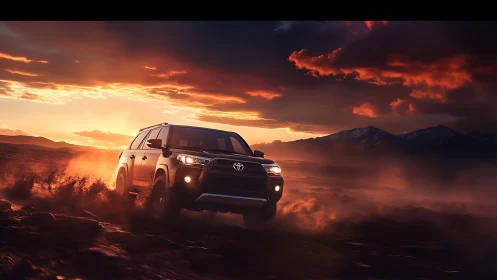 Off-road SUV powers through desert under blazing sunset sky.