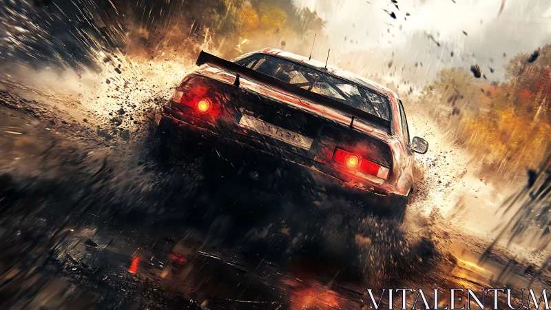 Rally car powerslides through wet dirt with dynamic motion blur