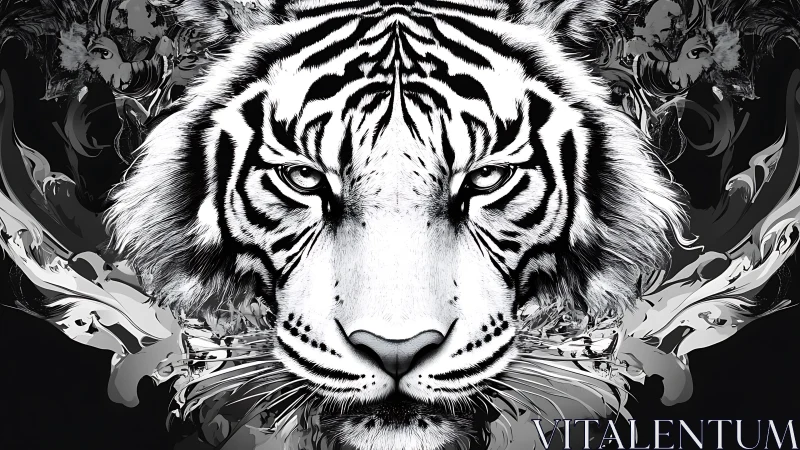 Black and white tiger portrait with bold abstract swirls.