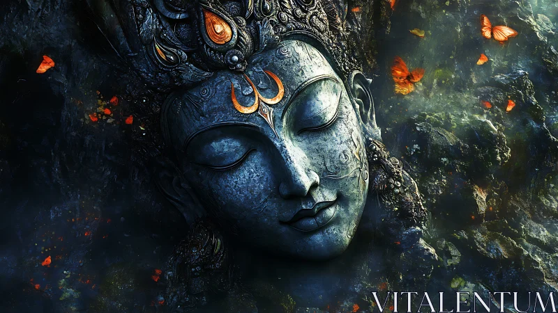 Silent stone deity dreaming amid firelit butterflies.