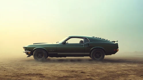 Side-profile render of retro muscle car in dusty desert haze