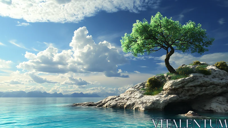 Solitary tree on rocky coastline overlooking calm turquoise sea
