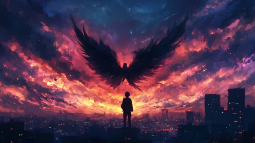 Silhouetted child under vast black wings above burning skyline.