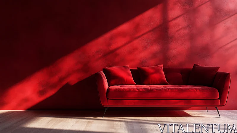 Red velvet sofa anchors minimalist living room in sunlight
