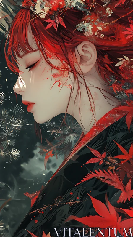 Crimson-haired woman in profile amid abstract maple leaves.