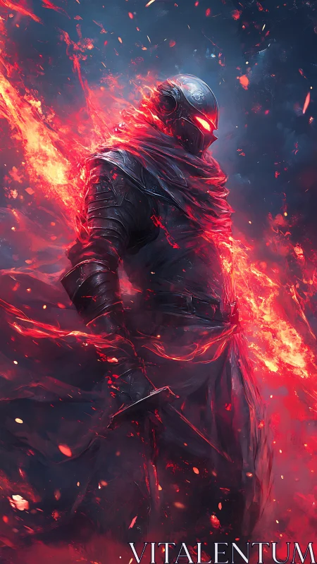 Armored ember wraith emerging through volcanic flame.