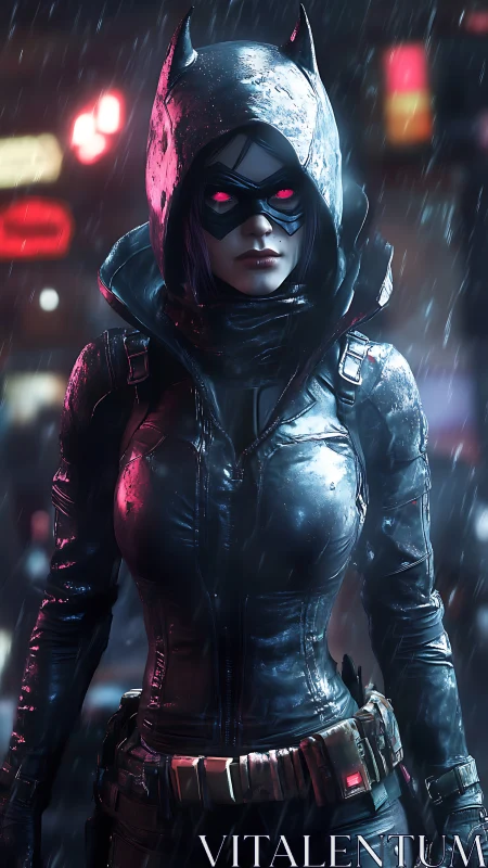 Hooded masked vigilante in rain lit by urban neon lights.