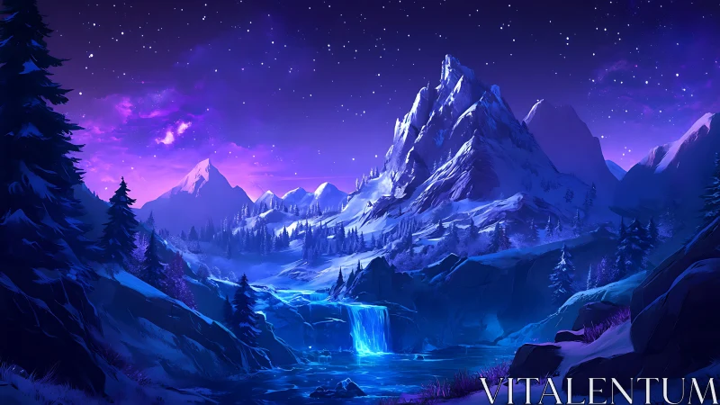 Starlit frostpeak valley with glowing sapphire waterfall dream.