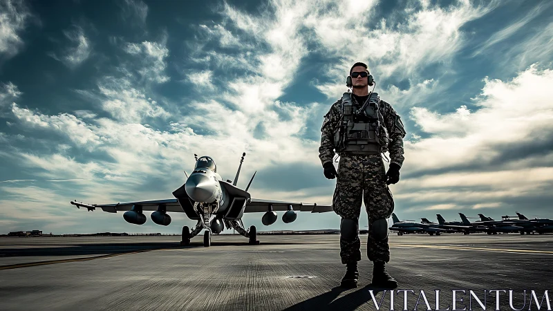 Runway guardian trades shadows with a waiting fighter jet