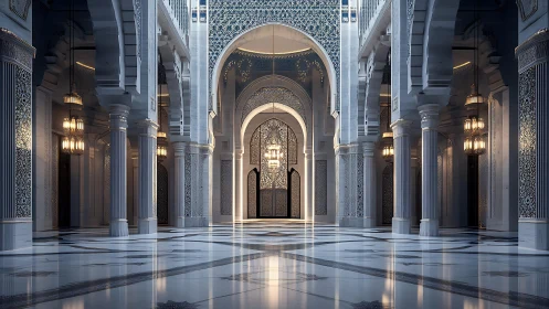 Ornate Islamic marble hall shows symmetrical arches and lights