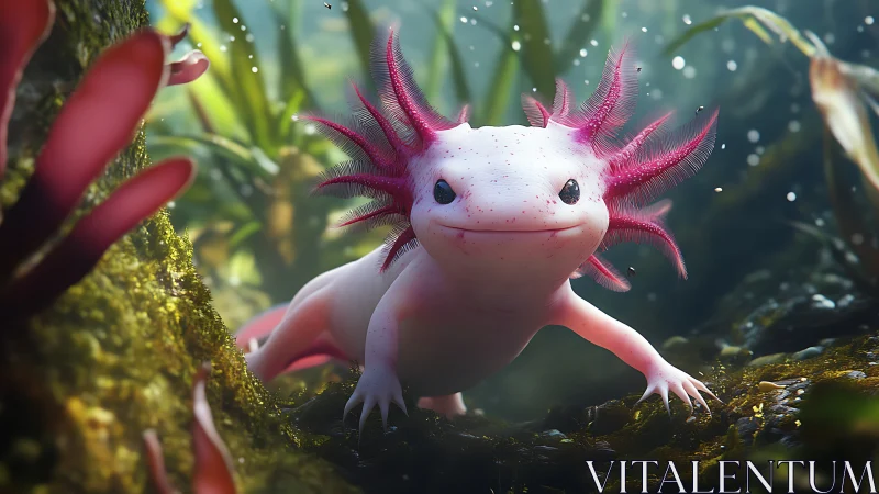 Smiling axolotl ambassador in a lush neon lagoon garden.