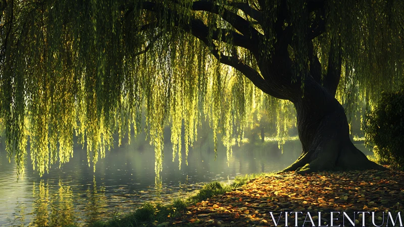 Willow tree glows over misty lakeside at sunrise.