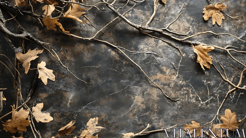 Golden autumn leaves resting on a charcoal forest floor.