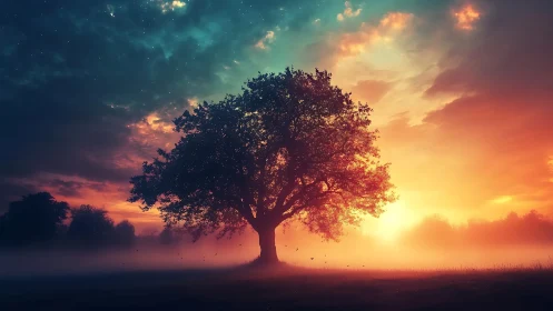 Solitary tree in vivid sunset sky over misty field.
