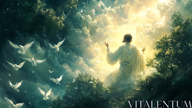Robe-clad figure kneels amid luminous clouds and rising doves