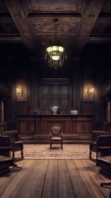Historic wooden courtroom interior glows under chandelier.